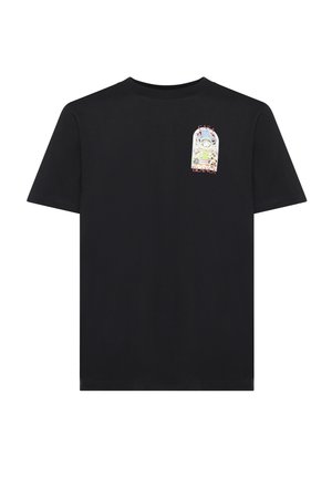 T-shirt noir à manches courtes avec logo Casa Blanca coloré et motif sur la poitrine supérieure gauche.