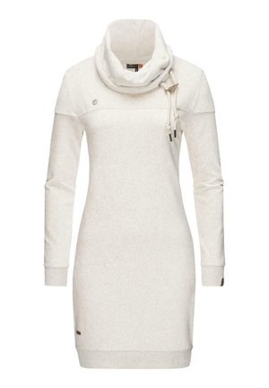 Langärmliges, cremefarbenes Strickkleid mit hohem Schalkragen, verstellbaren Kordeln und gerippten Details an Schultern und Ärmelbündchen.