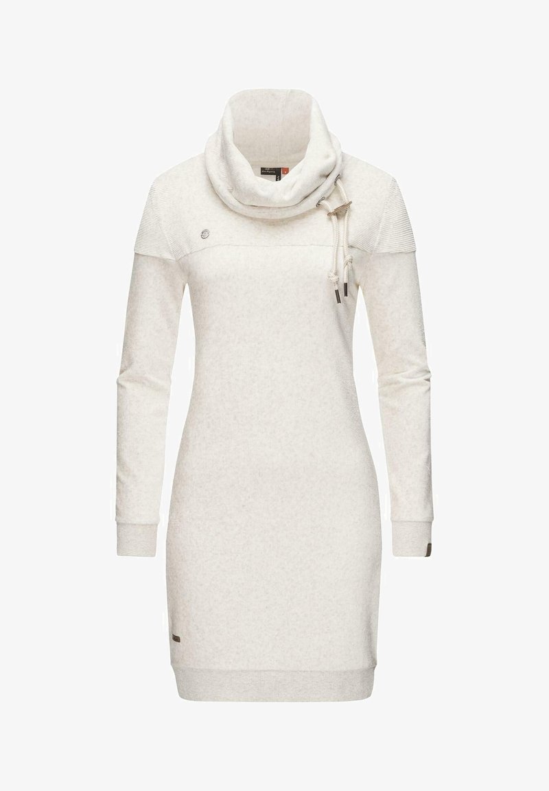 Robe en maille à manches longues de couleur crème avec un col montant haut à cordons réglables et des détails côtelés aux épaules et aux poignets.