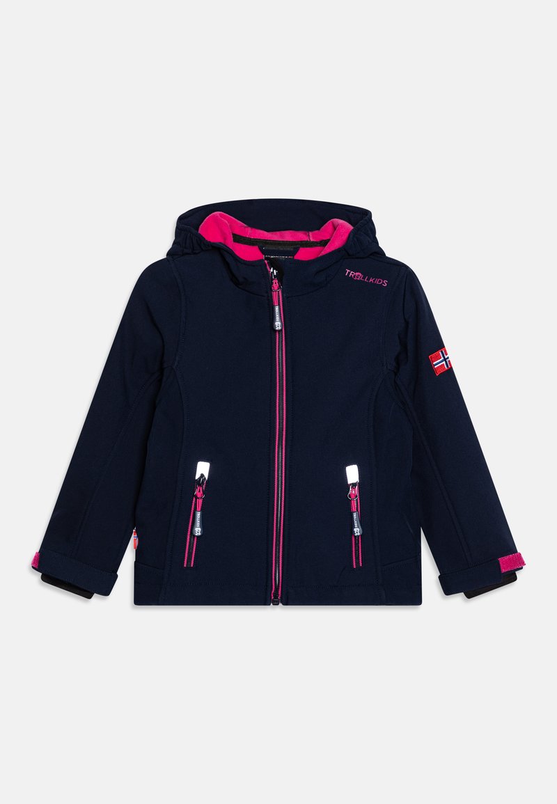 Navy children's jacket featuring a pink hood and accents, two zippered front pockets, and reflective zipper details. Soft fabric texture.