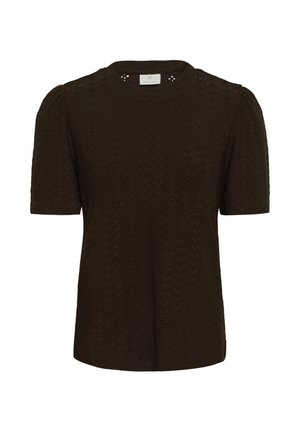 Blusa de manga corta de color marrón oscuro con hombros abullonados y un intrincado patrón de encaje de ojales en toda la tela.