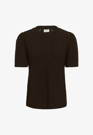 Mørkebrun bluse med korte ærmer, puffede skuldre og detaljeret hulmønster i hele stoffet.