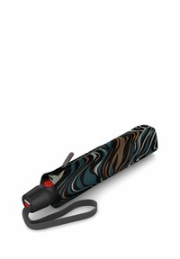 Ombrello compatto con un motivo vorticoso in turchese, marrone e nero. Presenta un manico nero con un pulsante rosso e una fascia da polso grigia.