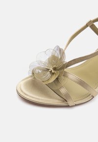 Μπεζ σανδάλι ανοιχτού νυχιού με λεπτές λουράκια και μια λεπτή διακοσμητική ανθοδέσμη από σύρμα στο μπροστινό λουρί.