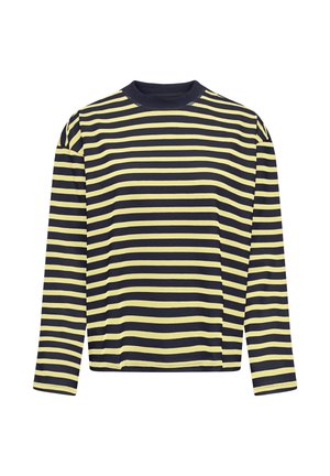 Langarmshirt met afwisselende horizontale zwarte en lichtgele strepen, voorzien van een ronde halslijn en een rechte zoom.