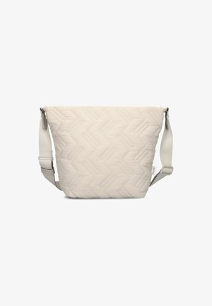 Borsa a spalla trapuntata in beige chiaro, caratterizzata da un motivo geometrico, tracolla regolabile e una texture liscia. Chiusura con zip nella parte superiore.