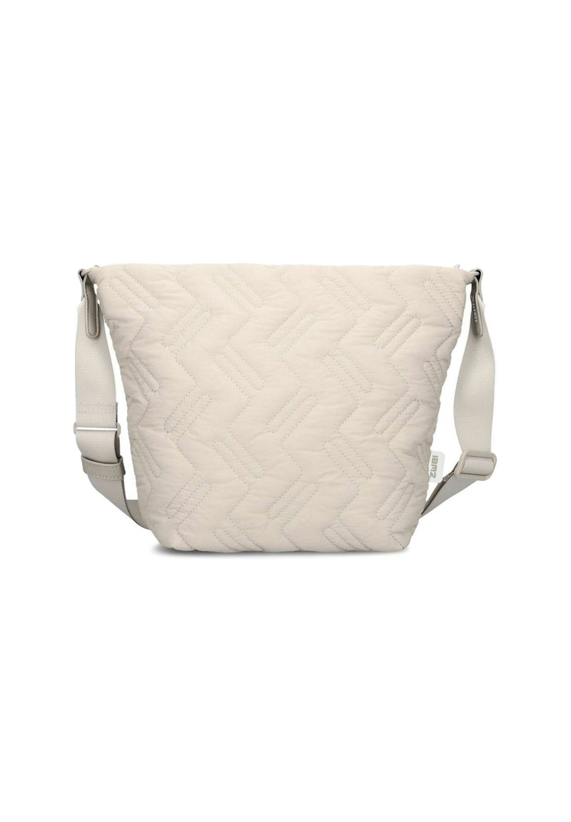 Borsa a spalla trapuntata in beige chiaro, caratterizzata da un motivo geometrico, tracolla regolabile e una texture liscia. Chiusura con zip nella parte superiore.