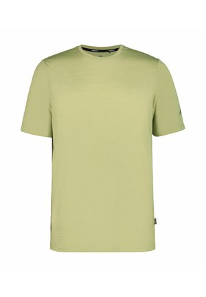 Light green short-sleeve t-shirt made of textured fabric, featuring a crew neck and a subtle logo on the left sleeve.