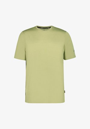 Hellgrünes Kurzarm-T-Shirt aus strukturiertem Stoff, mit Rundhalsausschnitt und einem dezenten Logo auf dem linken Ärmel.