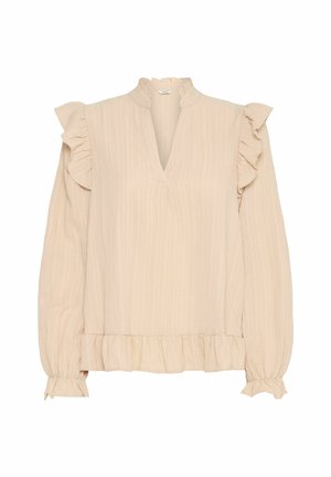 Svetle béžová halenka s dlouhým rukávem a mandarínským límcem, s volánkovými rameny a strukturovanou tkaninou. Má nařasený lem a manžety.