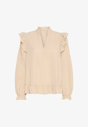 Helle beigefarbene Bluse mit langen Ärmeln, Mandarin-Kragen, Rüschenschultern und einem strukturierten Stoff. Verfügt über einen gekräuselten Saum und Manschetten.