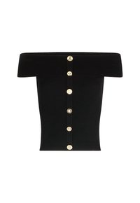 Černý žebrovaný top s odhalenými rameny a přiléhavým střihem. Obsahuje řadu zlatých knoflíků na přední straně a texturovanou látku.
