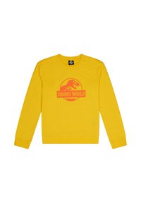 Sudadera amarilla de cuello redondo hecha de tela suave que presenta un logo rojo de "Jurassic World" con un gráfico de dinosaurio en el centro.