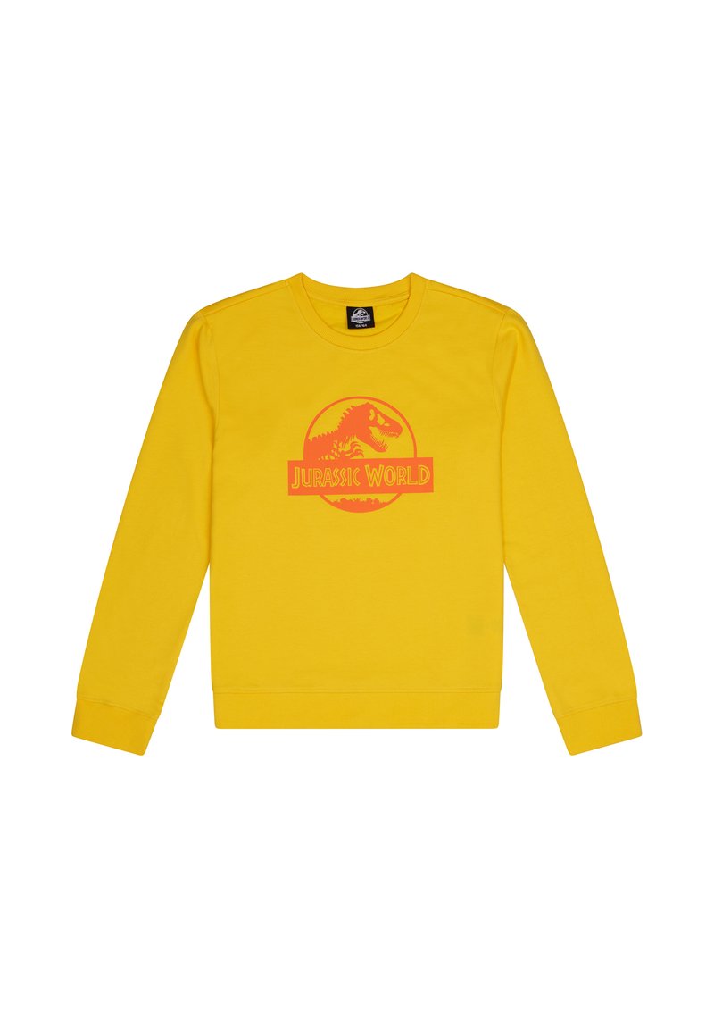 Sudadera amarilla de cuello redondo hecha de tela suave que presenta un logo rojo de "Jurassic World" con un gráfico de dinosaurio en el centro.