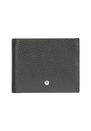 Cartera de cuero negro texturizado con un pequeño emblema plateado redondo con un diseño de árbol centrado en la parte frontal.