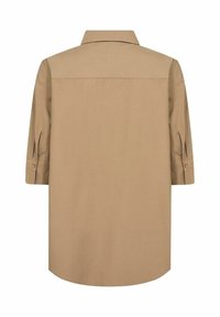 Long-sleeve, light brown shirt made of cotton, featuring a collar, a straight cut, and buttoned cuffs. Smooth texture with a simple design.