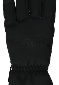 Guanto isolato nero con cuciture cucite, polso elastico e la parola "SLOPE" in una stampa sottile. Finitura liscia, progettato per il freddo.