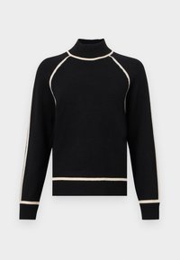 Melnā svītra ar augstu apkakli, papildināta ar krēmkrāsas akcentiem plecu un apakšmala. Izgatavota no mīksta, teksturēta auduma.