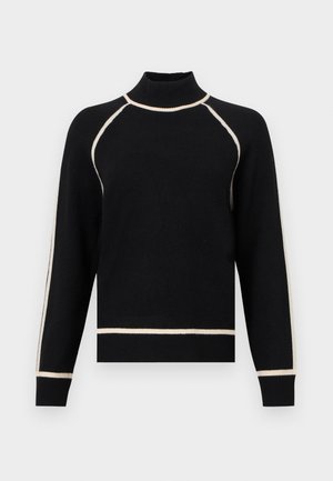 Suéter negro de cuello alto, con acentos crema en los hombros y dobladillo. Confeccionado con una tela suave y texturizada.