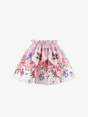 Pink and white skirt with an elastic waistband, decorated with large pink, red, and purple floral patterns and green leaves.