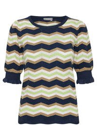 Pruhovaný pletený svetr s cik-cak vzorem v námořnické modři, zelené, hnědé a krémové barvě. Krátké nafouknuté rukávy s žebrovanými manžetami. Texturovaný povrch.