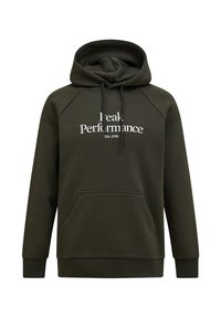 Felpa con cappuccio verde scuro realizzata in tessuto morbido, con tasca frontale, cappuccio con cordino e testo bianco: "Peak Performance Est. 1986."