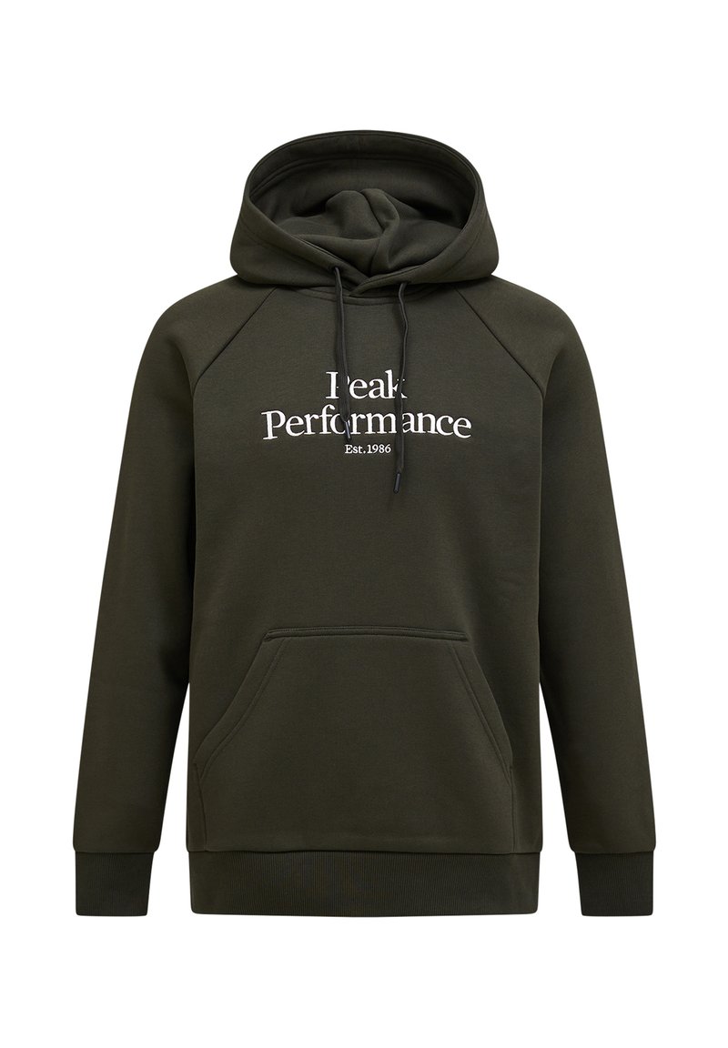 Felpa con cappuccio verde scuro realizzata in tessuto morbido, con tasca frontale, cappuccio con cordino e testo bianco: "Peak Performance Est. 1986."