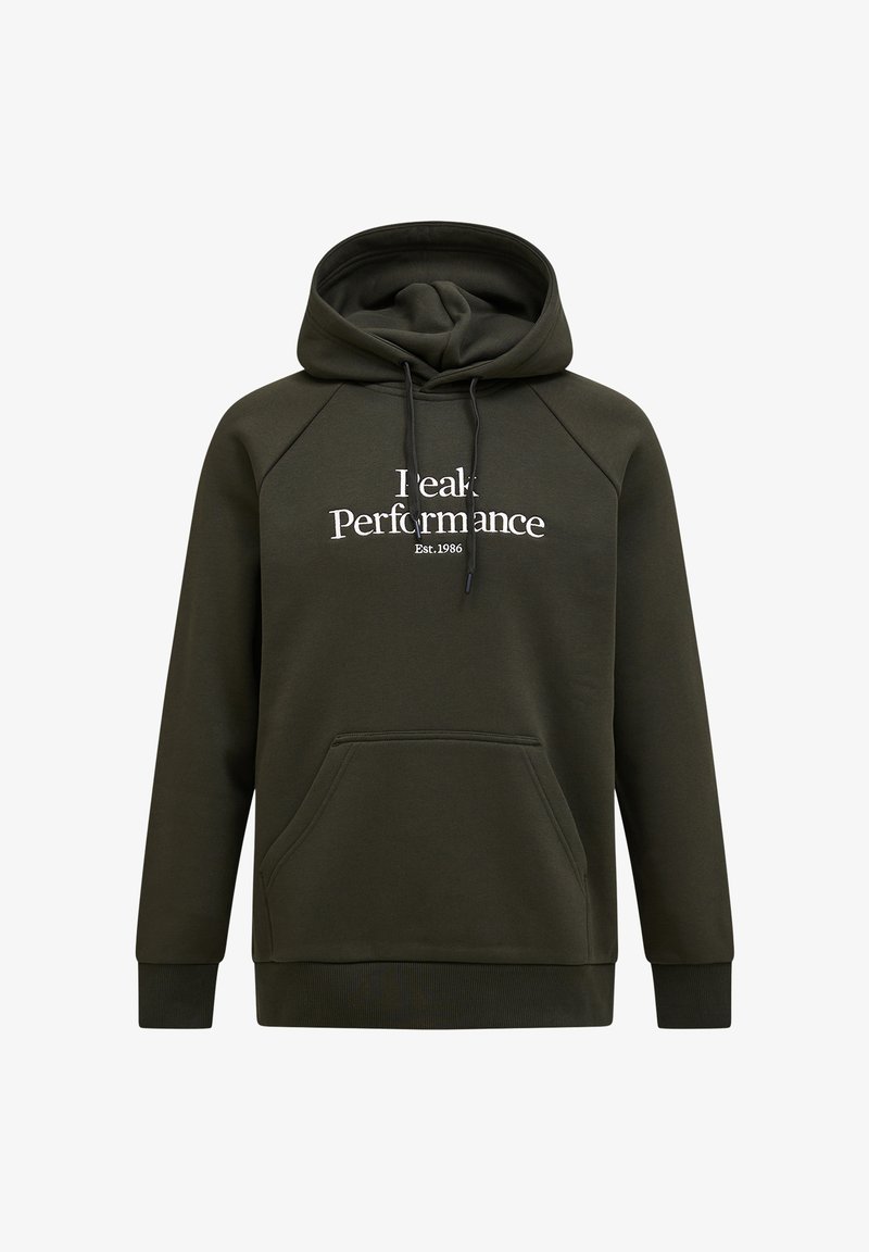 Donkergroene hoodie van zacht materiaal, met een voorzak, trekkoordcapuchon en witte tekst: "Peak Performance Est. 1986."