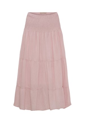 Lyserød lagdelt midi-nederdel med smocket talje og et luftigt, tekstureret stof.