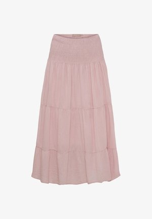 Lyserød lagdelt midi-nederdel med smocket talje og et luftigt, tekstureret stof.