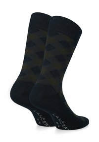 Skarpetki w ciemnoniebiesko-zielony wzór argyle z prążkowanymi mankietami, wykonane z miękkiego materiału, z wzmocnionymi piętami i palcami oraz detalem z logo.