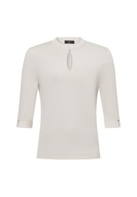 Cremfarbene, leichte Langarmbluse mit rundem Ausschnitt, die über einen Schlüssel-Ausschnitt verfügt, hochgerollten Ärmeln und subtilen Steppnähten am Saum.