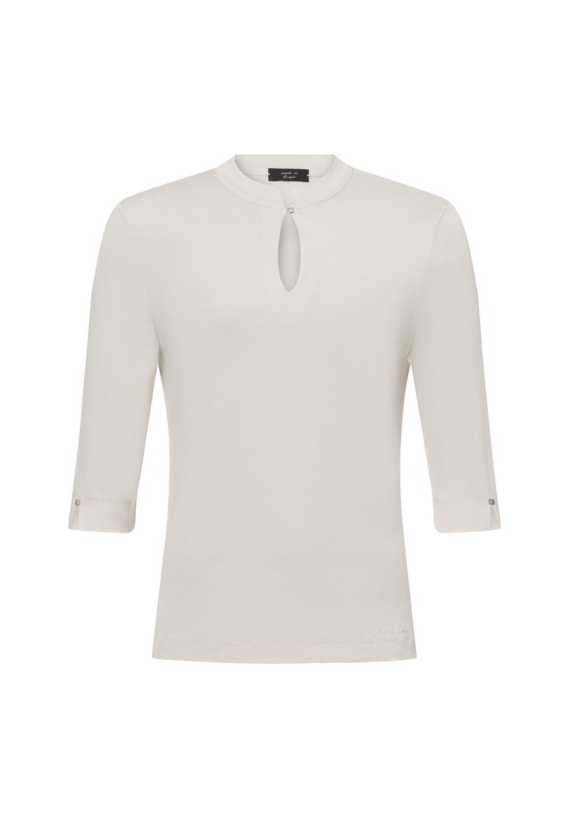Cremfarbene, leichte Langarmbluse mit rundem Ausschnitt, die über einen Schlüssel-Ausschnitt verfügt, hochgerollten Ärmeln und subtilen Steppnähten am Saum.