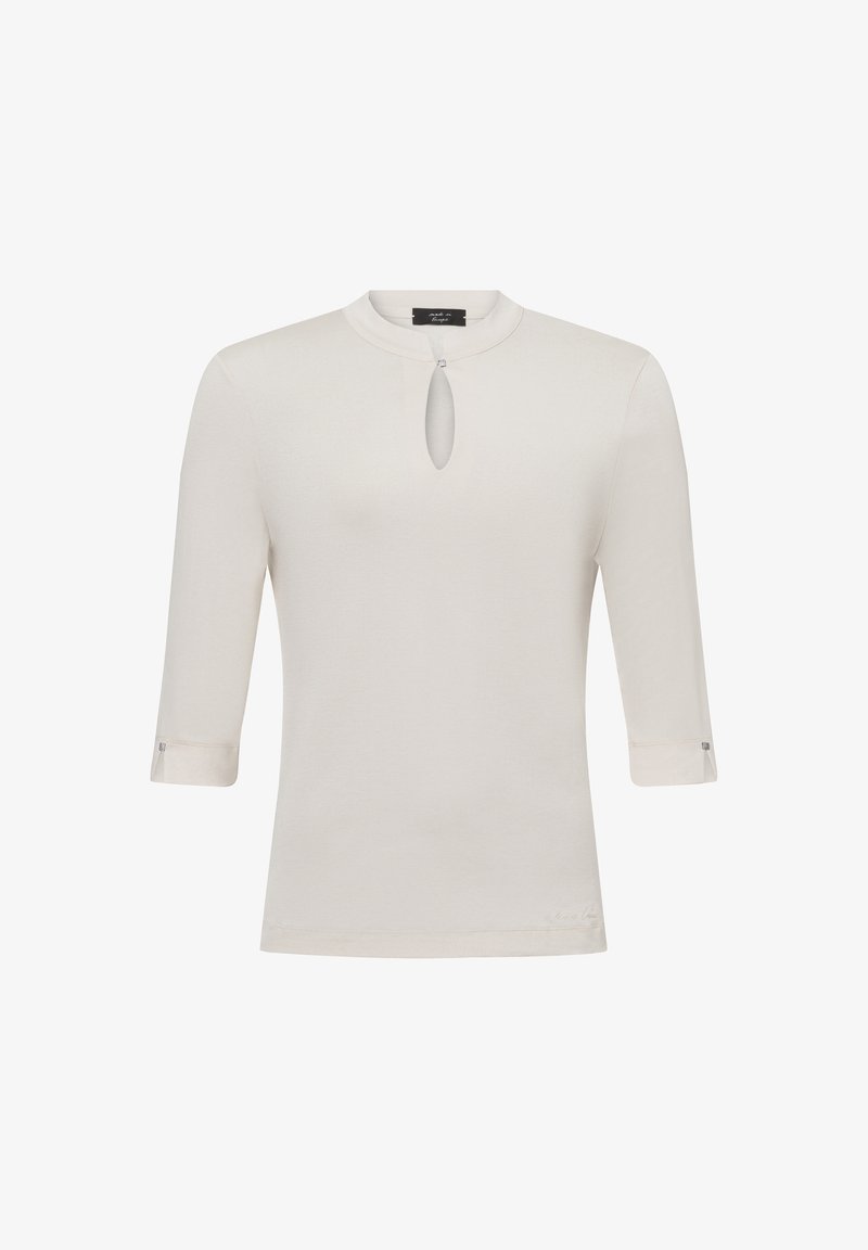 Cremfarbene, leichte Langarmbluse mit rundem Ausschnitt, die über einen Schlüssel-Ausschnitt verfügt, hochgerollten Ärmeln und subtilen Steppnähten am Saum.