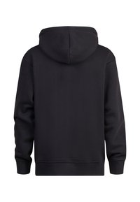 Felpa nera con cappuccio regolabile, maniche lunghe, polsini e orlo a costine. Tessuto liscio, senza loghi o motivi visibili.