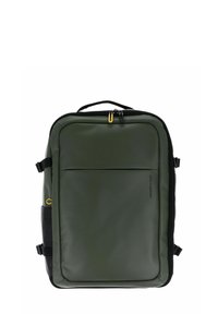 Sac à dos vert olive avec un extérieur lisse et imperméable, doté d'une poche zippée à l'avant et de détails noirs pour le contraste.