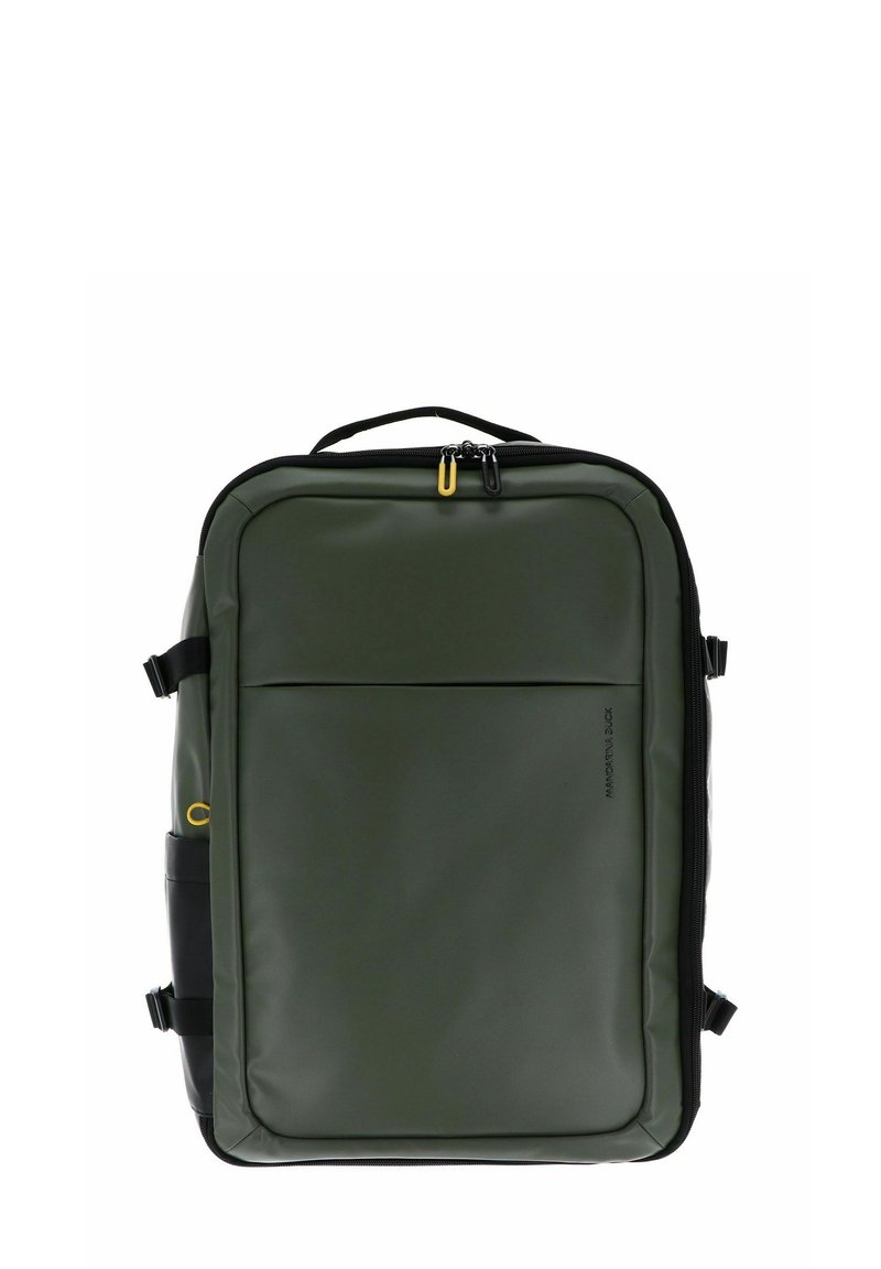 Sac à dos vert olive avec un extérieur lisse et imperméable, doté d'une poche zippée à l'avant et de détails noirs pour le contraste.