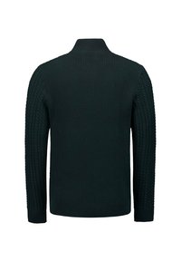 Donkergroene kabelgebreide trui met een hoge kraag en geribde manchetten. Heeft een gestructureerd patroon langs de mouwen en de achterkant.