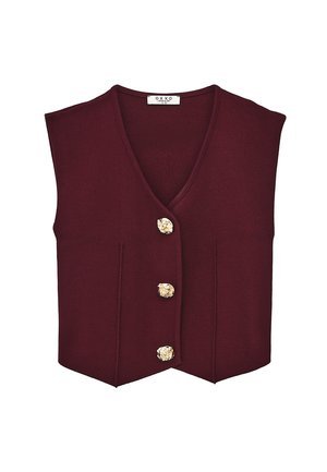 Bordeaux mouwloze vest met een V-hals, voorzien van drie decoratieve gouden knopen en twee voorzakken. Ribbelstructuur over het gehele oppervlak.