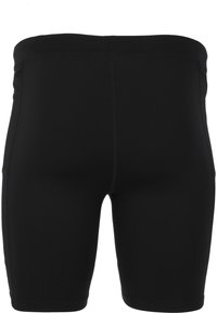 Black athletic shorts made of stretchy material with a mid-thigh length, flat seams, and a fitted design. No visible features or accents.