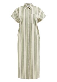 Robe à rayures crème et verte, avec un col, des manches courtes, une poche avant et une fermeture à boutons. Fabriquée en tissu léger.
