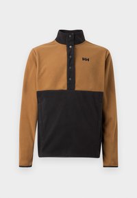 Pull à col demi-boutonné en polaire avec la partie supérieure et les manches marron, la partie inférieure et le col noirs, et un logo noir sur la poitrine.