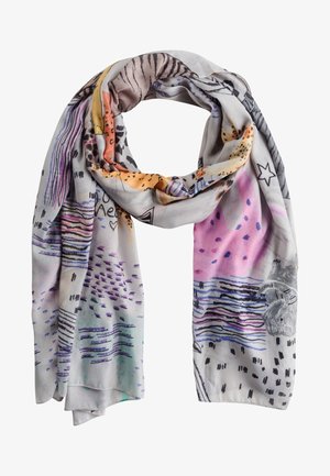Let tørklæde med abstrakte farverige mønstre, herunder striber, prikker, dyreprint, stjerner og kruseduller i lilla, pink, orange og sort.