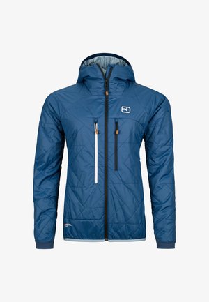 Marineblaue isolierte Jacke mit einem gesteppten Design. Verfügt über eine Kapuze, zwei vordere Reißverschlusstaschen und kontrastierende Reißverschlüsse für Details.