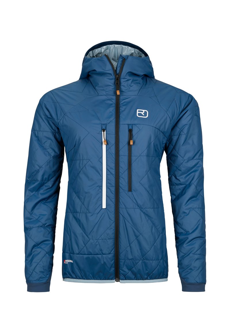 Navy blue insulated jacket with a quilted design. Features a hood, two front zip pockets, and contrasting zippers for detail.