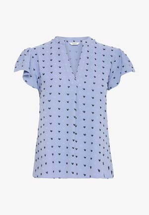 Hellblaue kurzärmlige Bluse mit V-Ausschnitt und dezenten schwarzen Herzmustern. Weicher Stoff, figurnahe Passform.