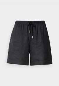 Shorts décontractés noirs avec taille élastique et cordon de serrage noir, poches plaquées à l'avant et ourlets retroussés, présentés sur un fond clair.