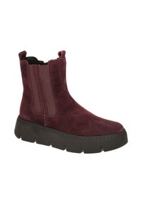 Burgundy suède enkellaars met elastische zijkanten, een gevoerde kraag en een stevige zwarte plateauzool. Ronde neus en stikseldetails aan de zijkanten.