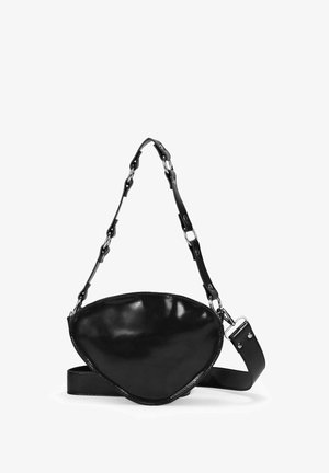 Black leather bag with a unique, asymmetrical shape. Features a smooth texture and adjustable strap with metal hardware accents.