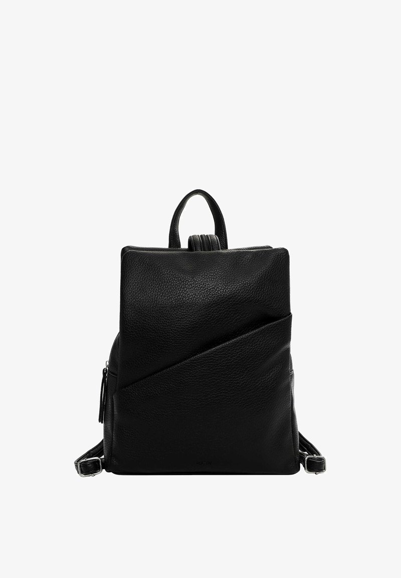 Juodas odinis kuprinės krepšys su tekstūruotu paviršiumi, kampuota forma, viršutine rankena ir reguliuojamomis petnešomis, su užtrauktuku šoniniu kišeniui.